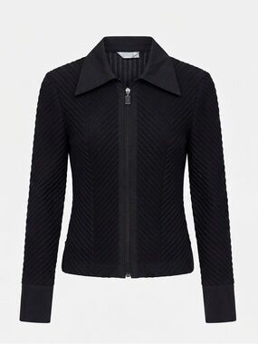 Joseph Ribkoff Black Chevron Zip-Front Textured Top / Fits Medium (Tag 14)